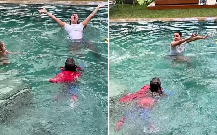 Ana Castela faz festa na piscina com filhas do Zé Felipe